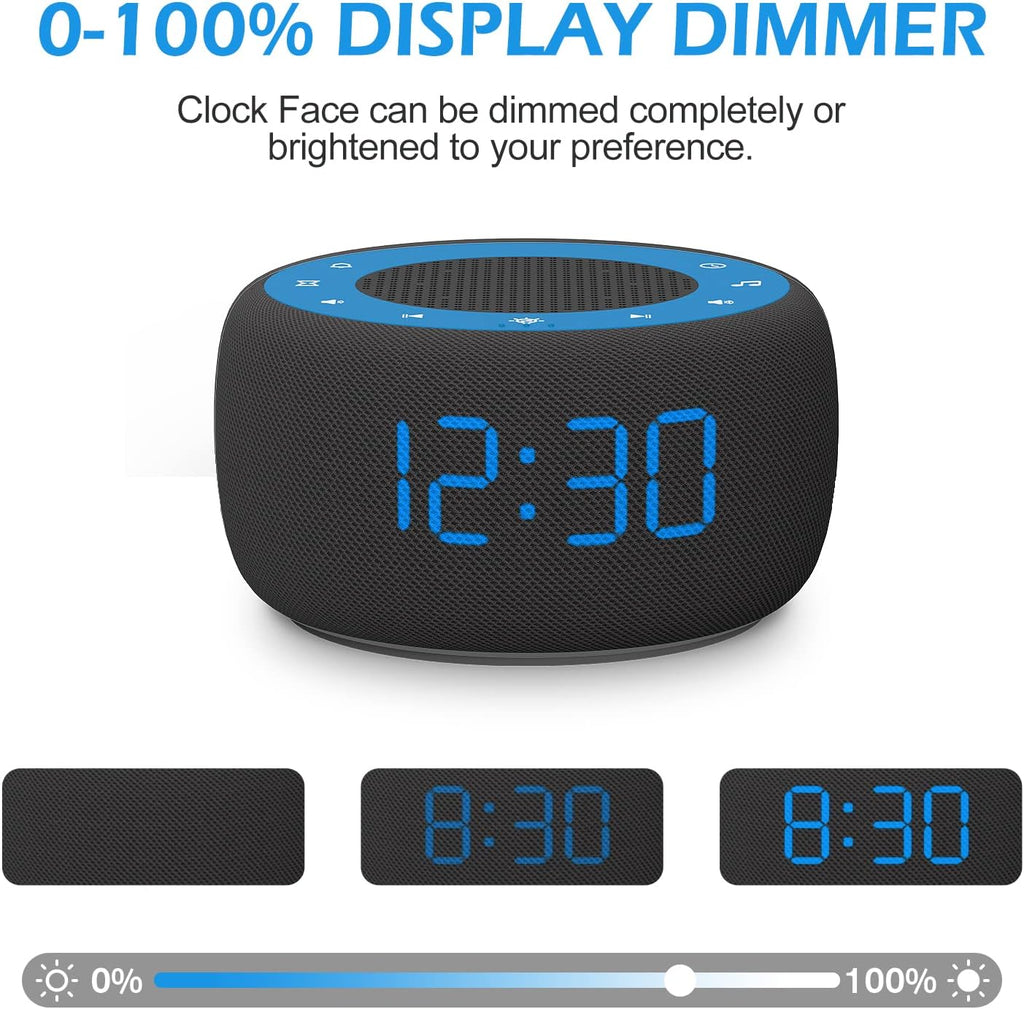 Buffbee Sound Machine & Alarm Clock 2-in-1, 0-100% Clock Face Brightness, Bottom Colored Light, Sleep Timer, Precise 30-Level Volume…