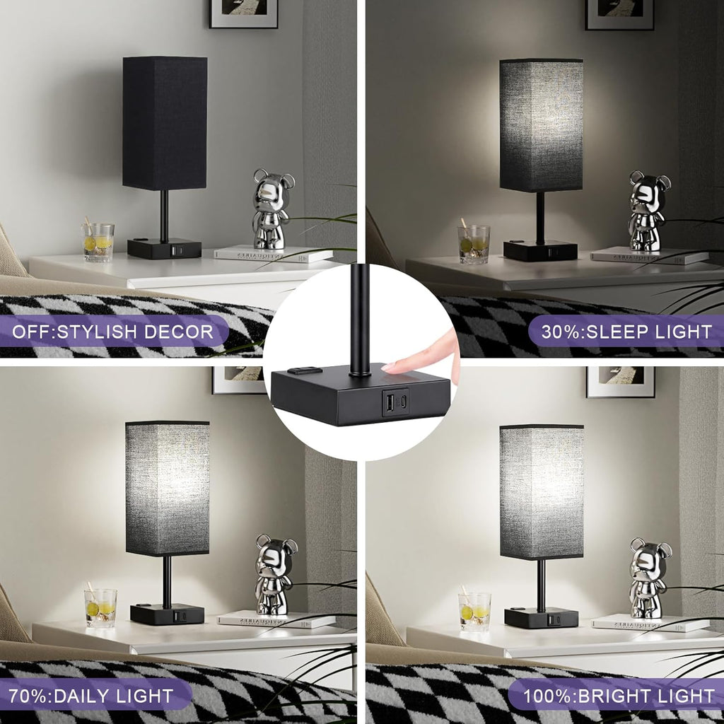 aooshine Black Lamp for Bedroom-Touch Lamp with USB-C+A and AC Outlets,3 Way Bedside Nightstand Square Table Lamp for Kids, Guest Room…