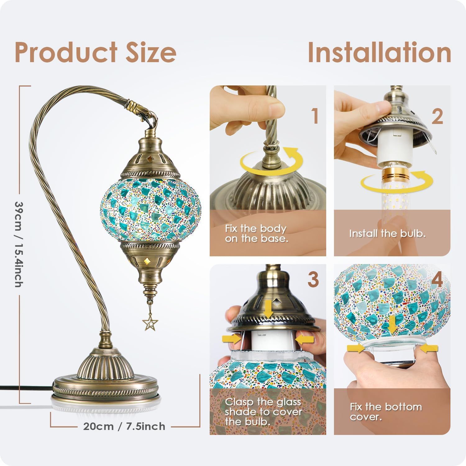 Yarra-Decor Turkish Moroccan Lamp with Bronze Base 3-Way Color Changing Handmade Swan Neck Tiffany Mosaic Glass Bedside Lamps for Bedroom…