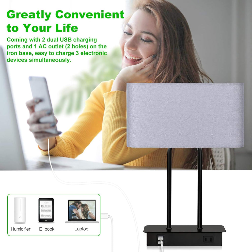 Lakumu Bedside Touch Control Table Lamps with Dual USB Charging Ports 1 AC Outlet, 3 Way Dimmable Modern Nightstand Lamp with Grey Fabric…
