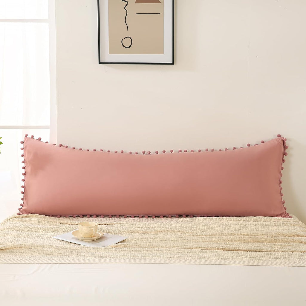 Moveover Bean Paste Pink Body Pillow Cover 20x54 Body Pillow Cover Cute Pom Poms Fringe Design Boho Chic Decor Long Pillow Case Cover with…