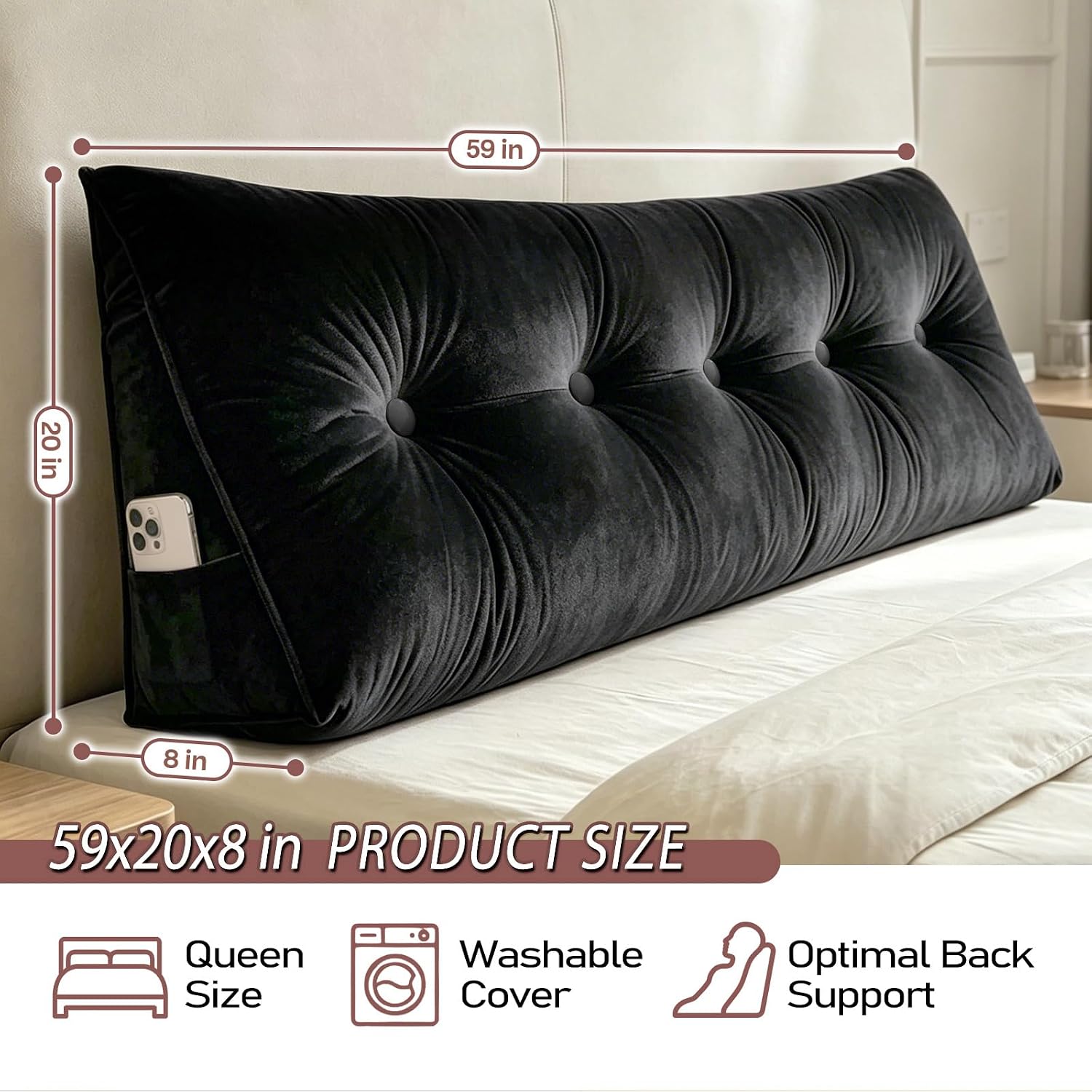 Scnut Headboard Pillow Queen, Triangle Wedge Pillow for Headboard, Ergonomic Backrest Cushion for Reading Sitting Working Removable Crystal…
