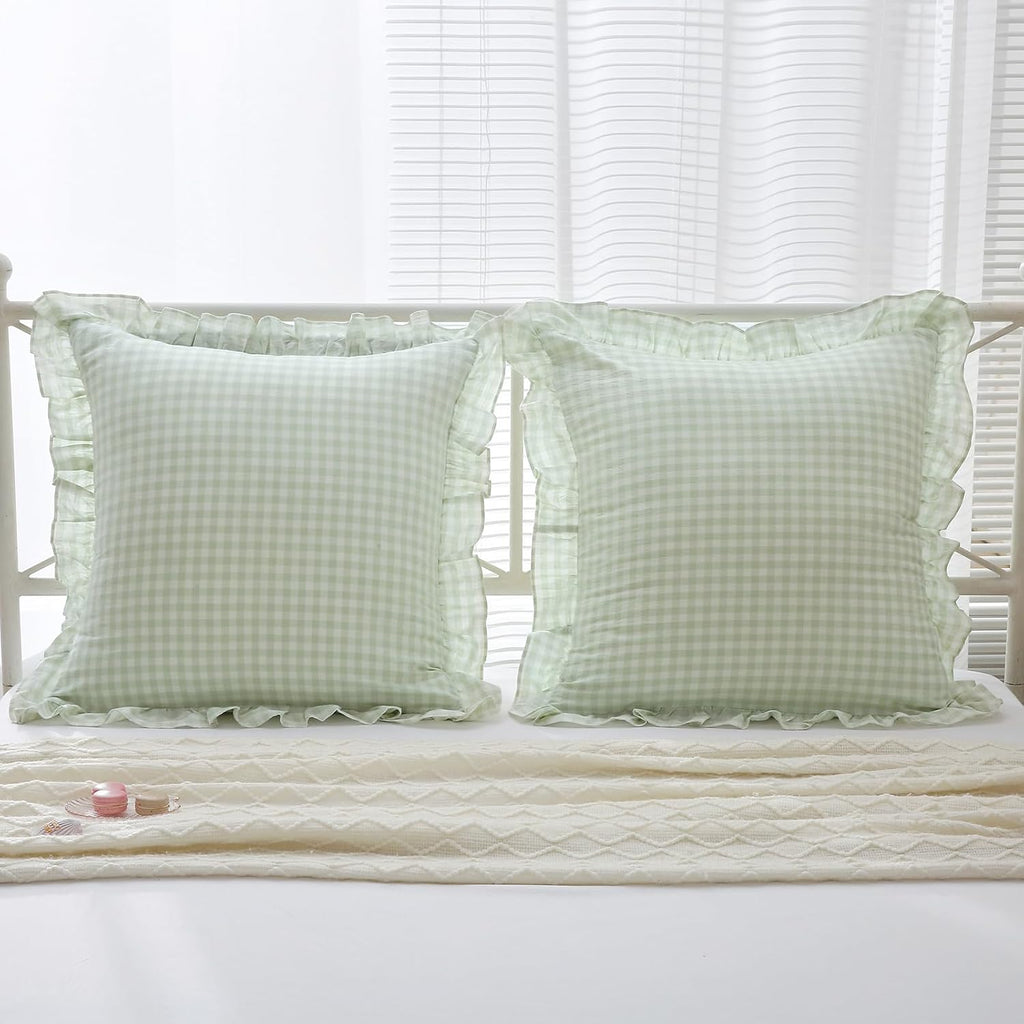 Kmasaniji 2 Pack Pile Green White Plaid Ruffle Gingham Euro Shams Pillow Covers, 100% Washed Cotton Checkered Farmhouse Pillowcases for Bed…