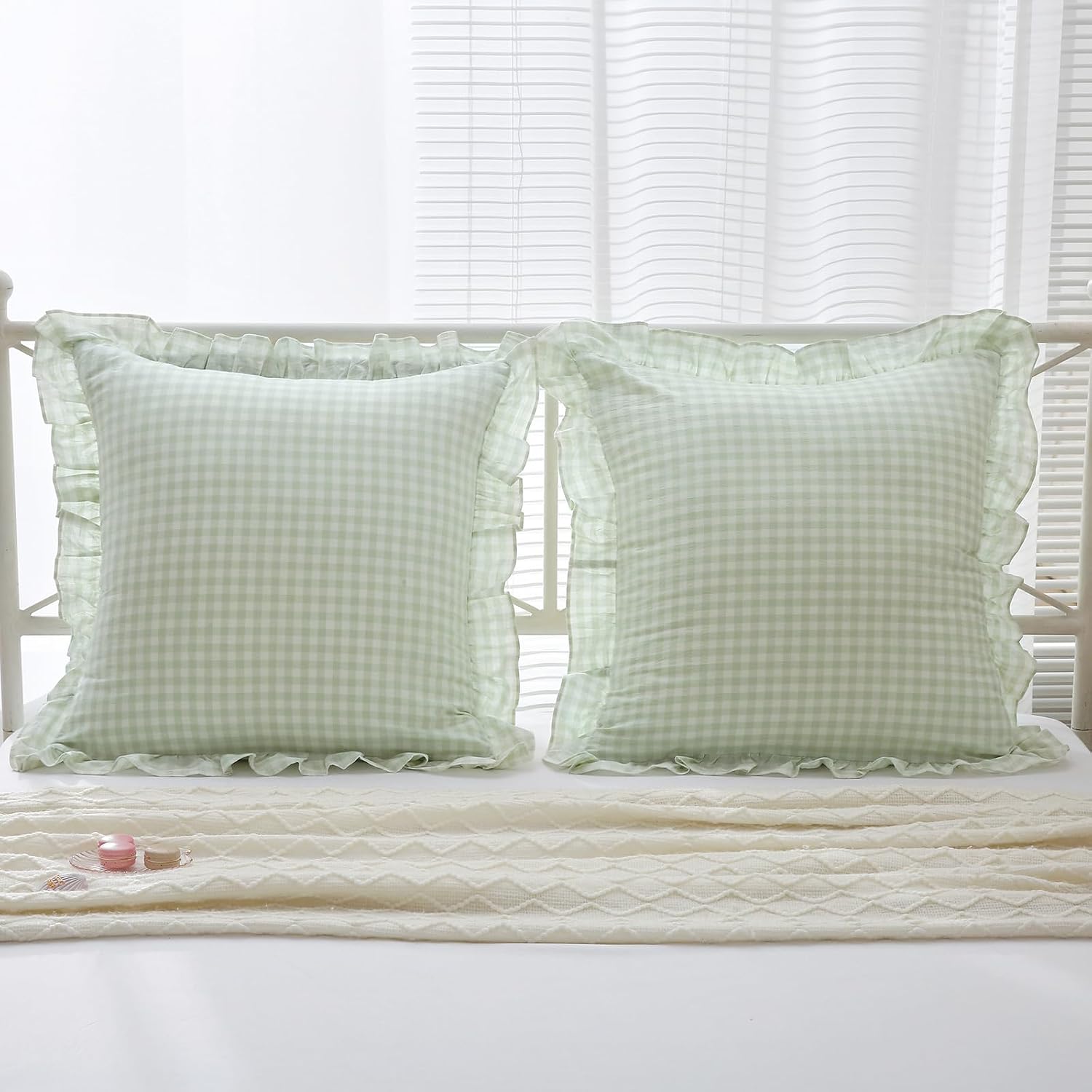 Kmasaniji 2 Pack Pile Green White Plaid Ruffle Gingham Euro Shams Pillow Covers, 100% Washed Cotton Checkered Farmhouse Pillowcases for Bed…