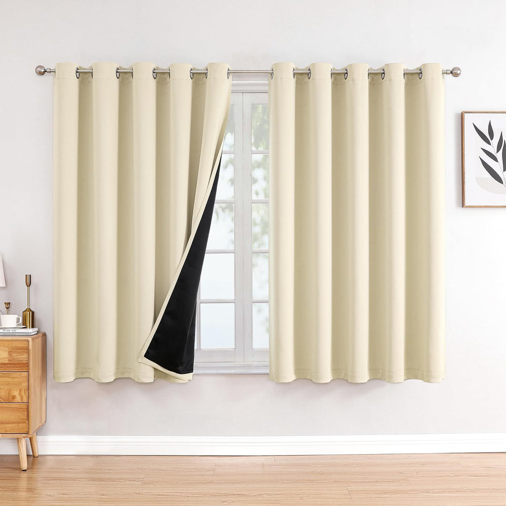 ChrisDowa 100% Blackout Curtains 63 inch Long for Bedroom with Black Liner, Extra Wide 2 Thick Layers Total Blackout Thermal Insulated Grom…