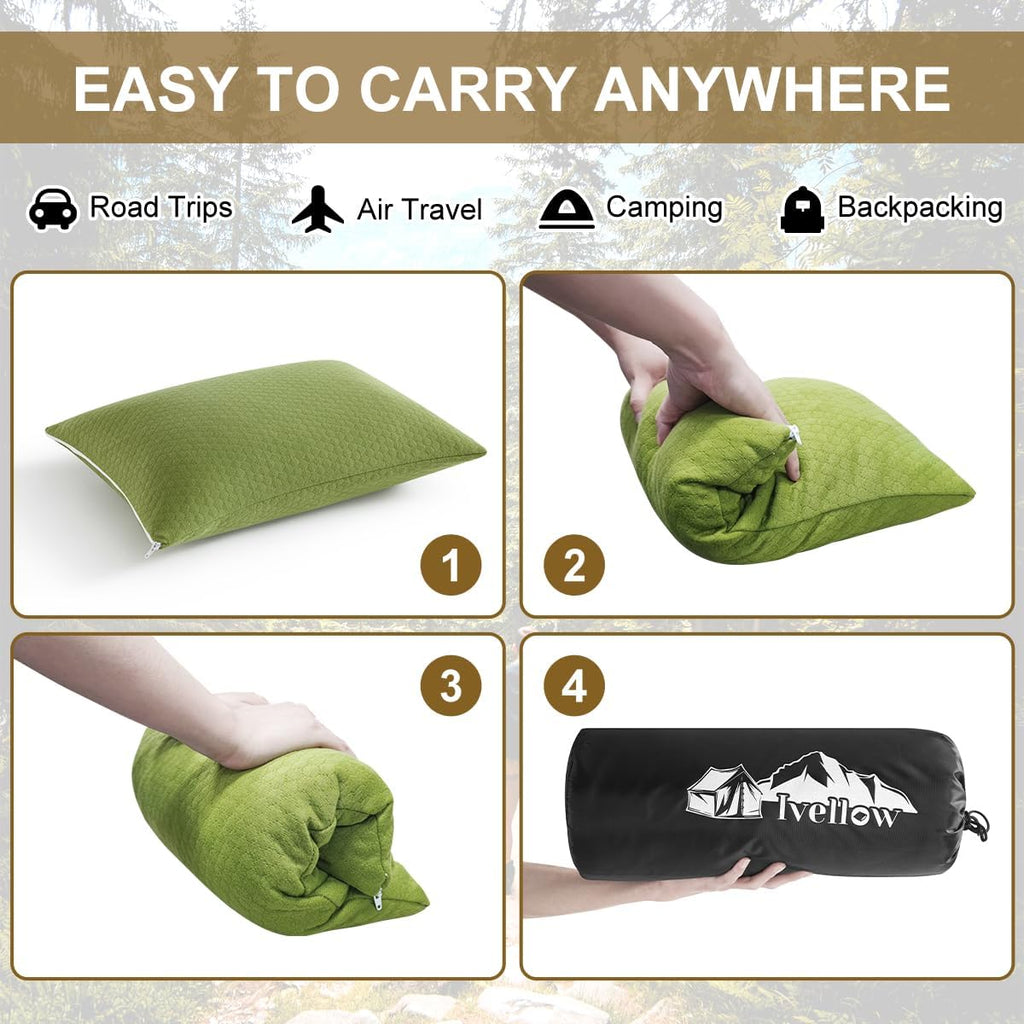 Ivellow Memory Foam Travel Pillow - Compact, Lightweight, Breathable & Hypoallergenic - Adults & Kids - Camping, Hiking, Travel - Avocado G…