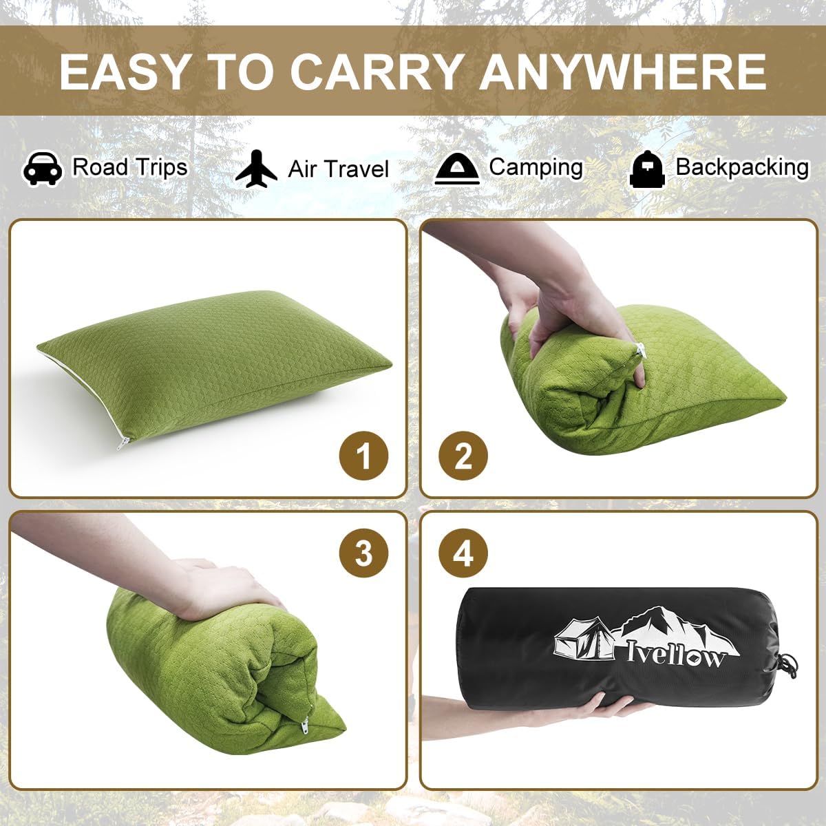 Ivellow Memory Foam Travel Pillow - Compact, Lightweight, Breathable & Hypoallergenic - Adults & Kids - Camping, Hiking, Travel - Avocado G…