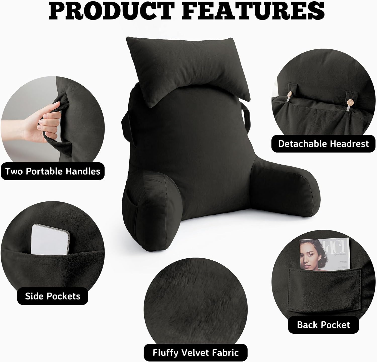 Unisakey Portable Reading Pillows with Headrest for Bed Sitting Up(Grey Oeko-Tex), Velvet Back Pillow with Arms & Pockets for Adults…