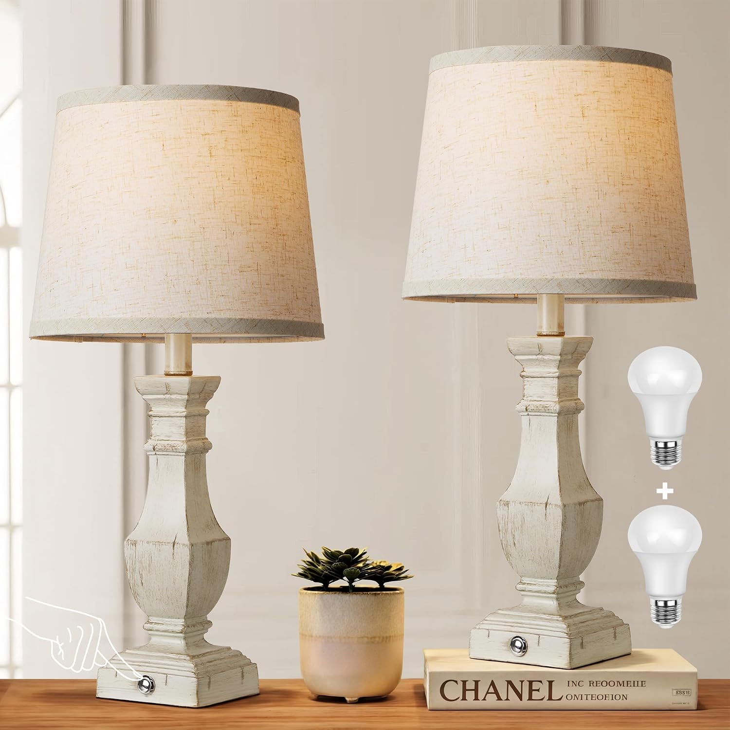 ROTTOGOON Dimmable Table Lamps Set of 2, Rustic Farmhouse Table Lamps for Living Room Bedroom, Bedside Desk Lamps for End Tables, Touch…