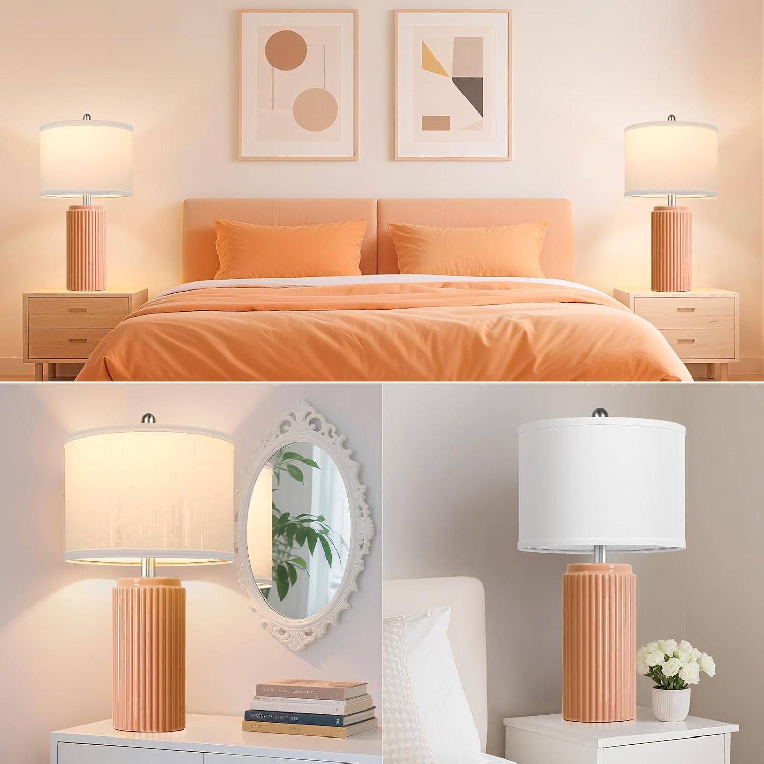 Tobusa 23.5’’ Orange Table Lamps for Bedroom Set of 2, Modern Ceramic Nightstand Lamps for Living Room, Retro Lamps with White Shade Set fo…