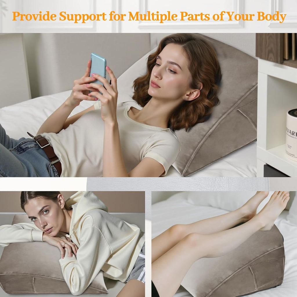 Wedge Headboard Pillow Reading Backrest Pillow for Sitting in Bed Sofa Dorm with Removable Cover Side Pockets Dutch Velvet Fabric Camel