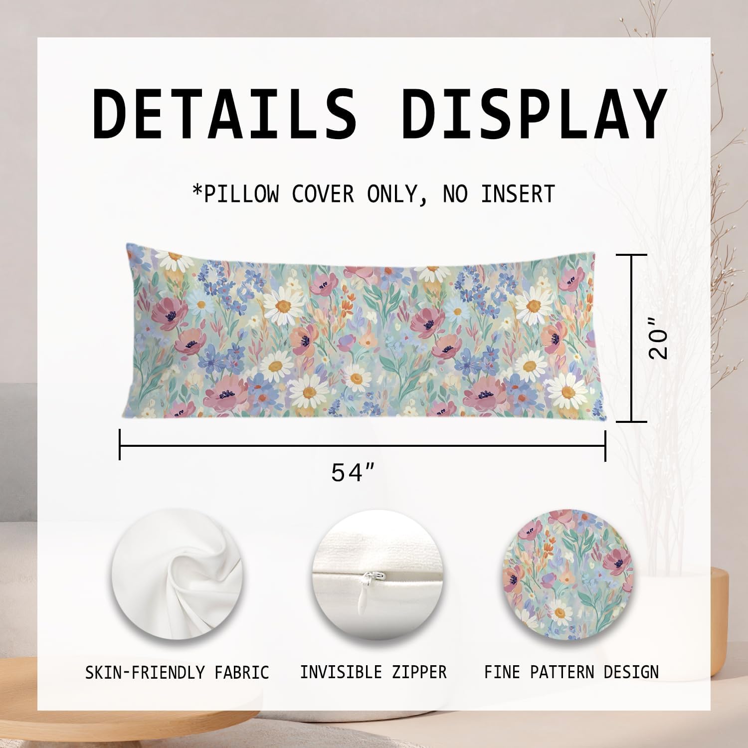Spring Floral 20x54 Body Pillow Cover, Spring Home Room Decor, Pastel Cottagecore Botanical Wildflower Decorative Long Body Pillow Cases…
