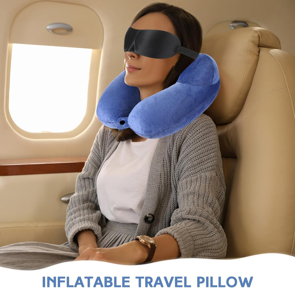 Sintuff 2 Pcs Inflatable Travel Pillow with Compact Bag and Blindfold Velvet Inflatable Neck Airplane Pillow Washable Cushion for…