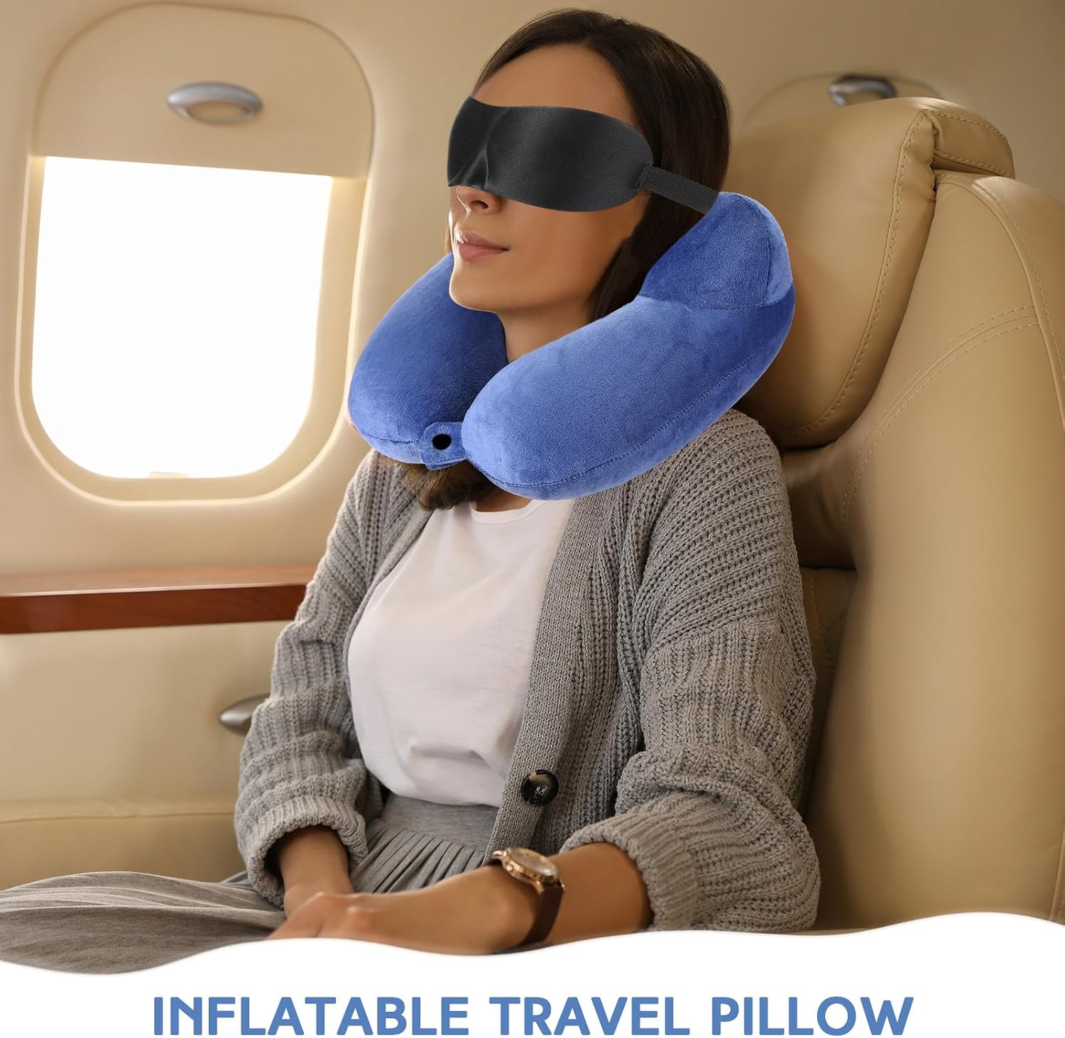 Sintuff 2 Pcs Inflatable Travel Pillow with Compact Bag and Blindfold Velvet Inflatable Neck Airplane Pillow Washable Cushion for…