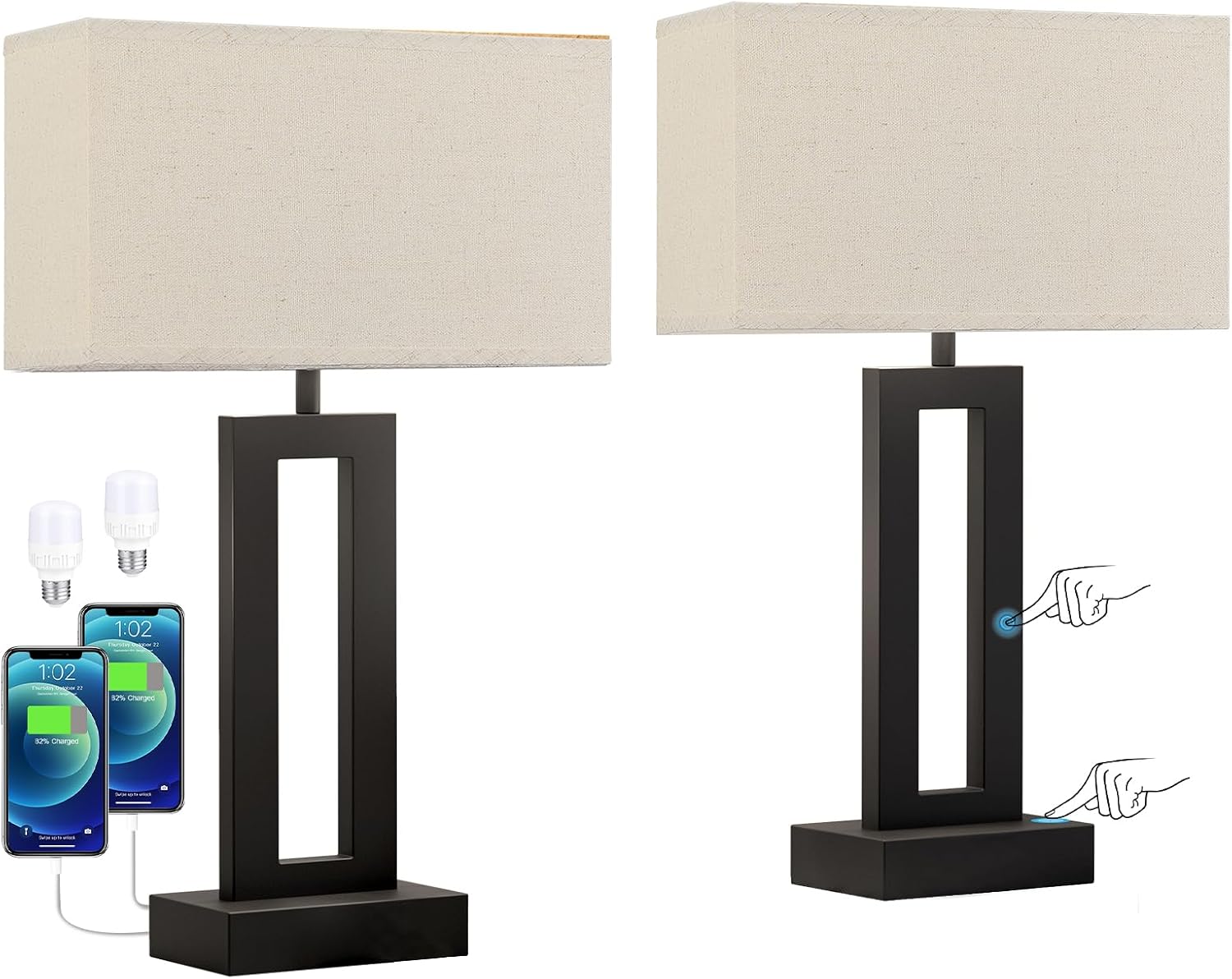 Seealle Bedroom Lamps for Night Stands - Touch Control, 3 Way Dimmable, USB C+A Charging, LED Bulbs, Easy Assembly