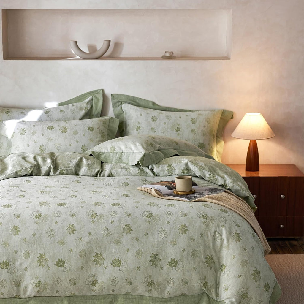 mixinni Yarn-Dyed Jacquard Duvet Cover King, Green Botanical Leaf Print 3-Piece Bedding Set with Wide Edge Piping, Soft Breathable Double L…