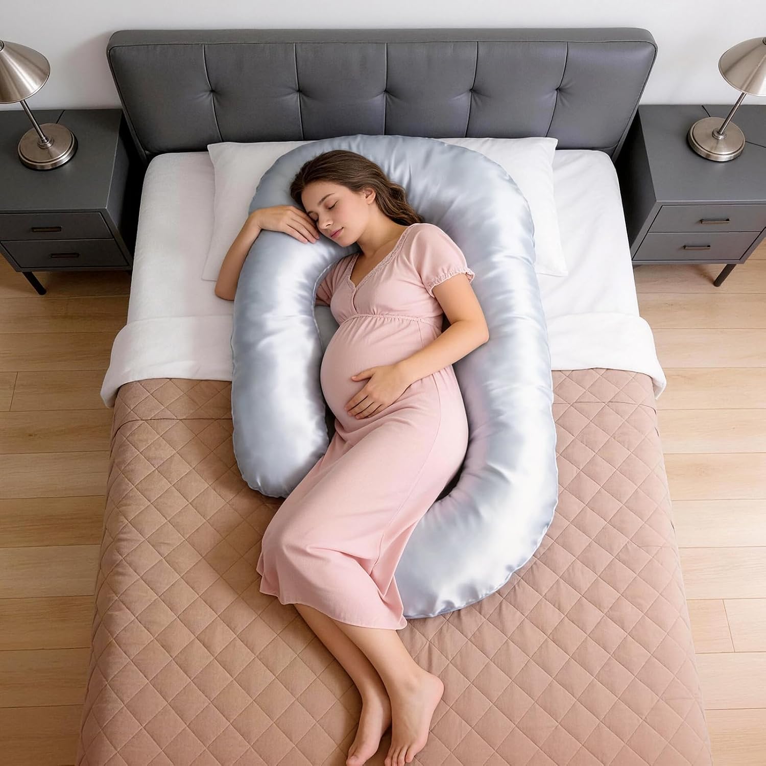 JZHLLA Maternity Pillow Cover, Silky Satin Fabric Removable & Washable U-Shaped Smooth Pregnancy Pillow Cover with Hidden Zip(Grey,2 PCS)