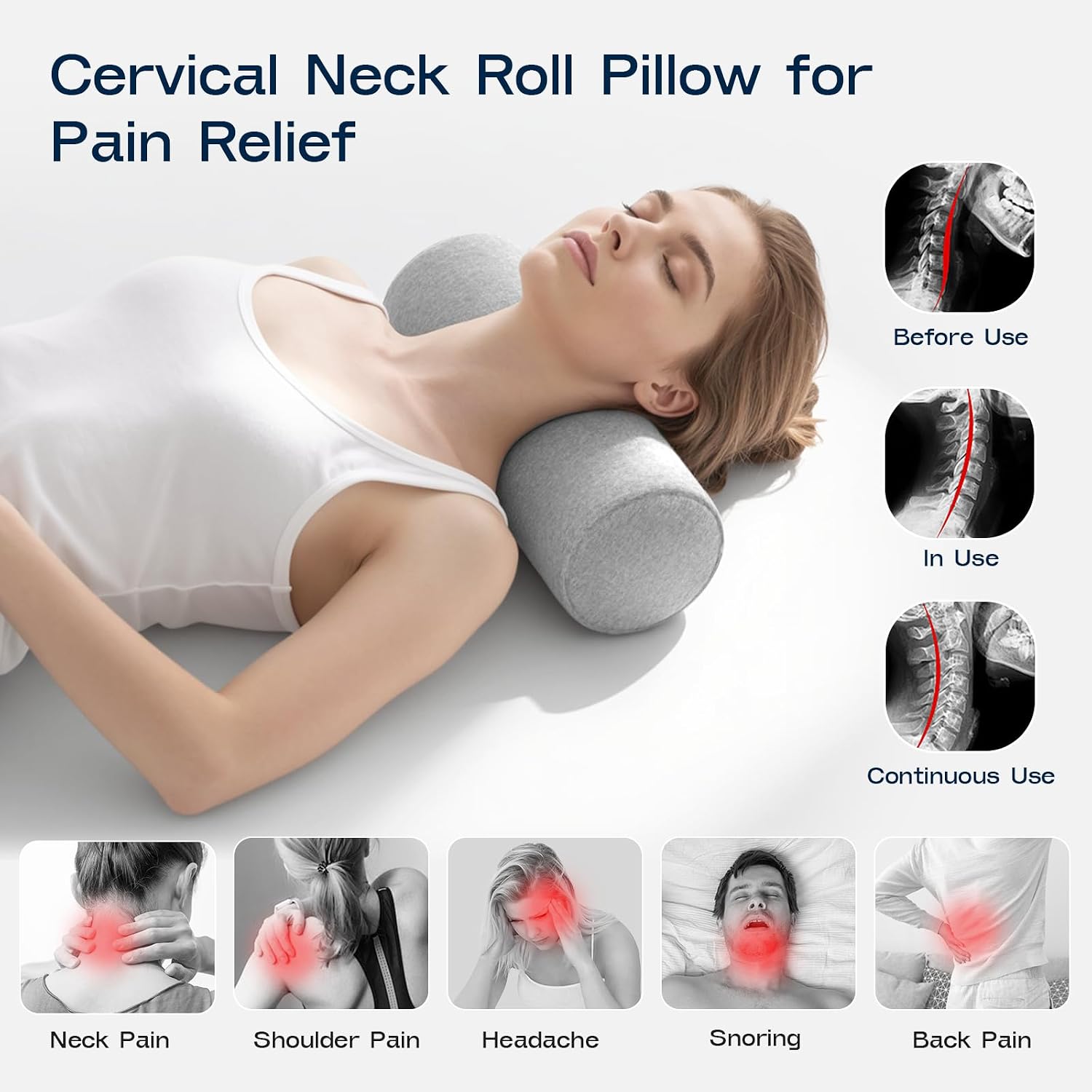Forcanby Neck Roll Cervical Pillow for Neck - Memory Foam Neck Pillow for Bed | Round Neck Pillows for Sleeping (Grey, Large - 6.0" H) cott…