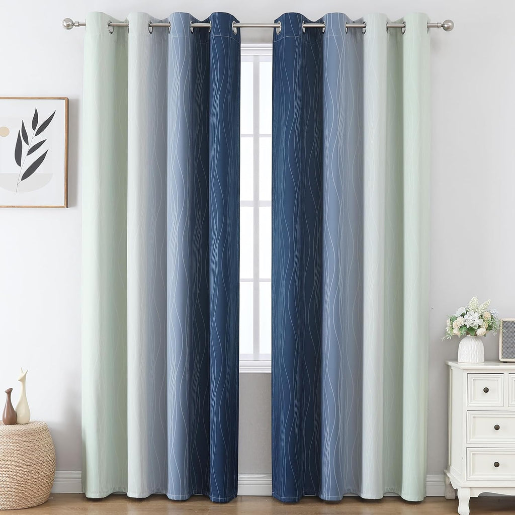 Estelartextiler Estelar Textiler Sage Green and Navy Blue Blackout Curtains for Sliding Door, Thermal Insulated Ombre Drapes 108 Inches Long…