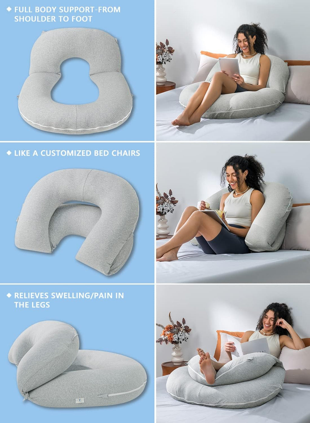 Insen Reading Pillow, Back Pillow for Sitting in Bed and Couch, Gaming Pillow for Adults, Sit Up Support for Bed, Grey Jersey Grey