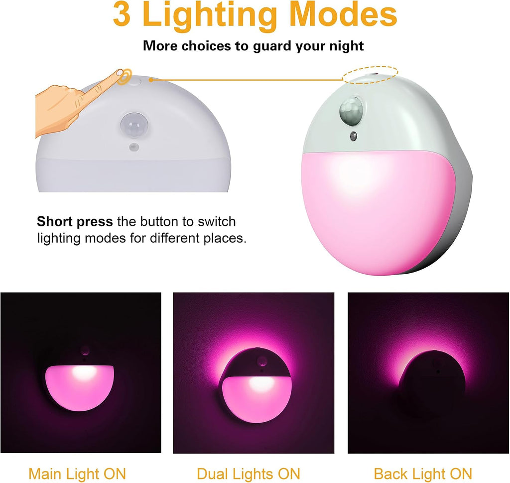 YUNLEX 2 Pack Pink Battery Night Light, Motion Activated Night Light, 2.6" Small Sticky Lights, 3 Light Modes, Dimmable Soft Glow for…