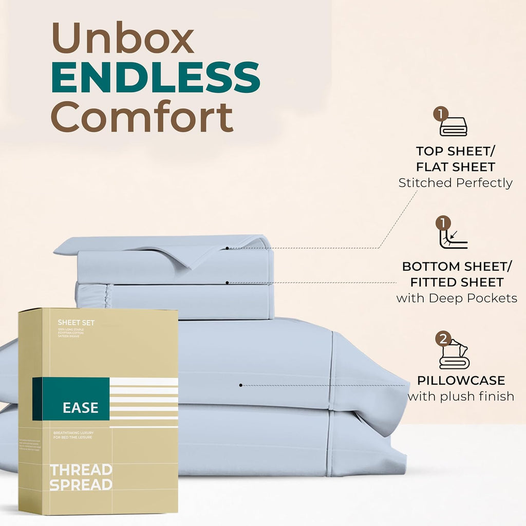 THREAD SPREAD Egyptian Cotton Sheets Full Size – 300 Series 16" Deep Pocket 100% Cotton Full Size Sheets Set (4 PC, Light Blue), Soft…