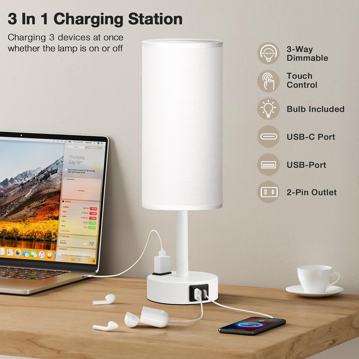Fenmzee Matte White Bedside Table Lamp for Bedroom - 3 Way Dimmable Touch Lamp USB C Charging Ports and AC Outlet, Small Lamp Round…