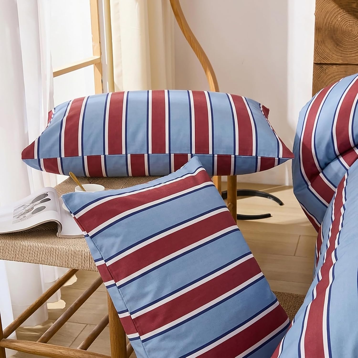 Merryword Burgundy and Blue Striped Pillowcases, 100% Cotton Pillow Cases, Standard Size Pillowcases, Luxury Linen Like Pillowcase, Soft Br…