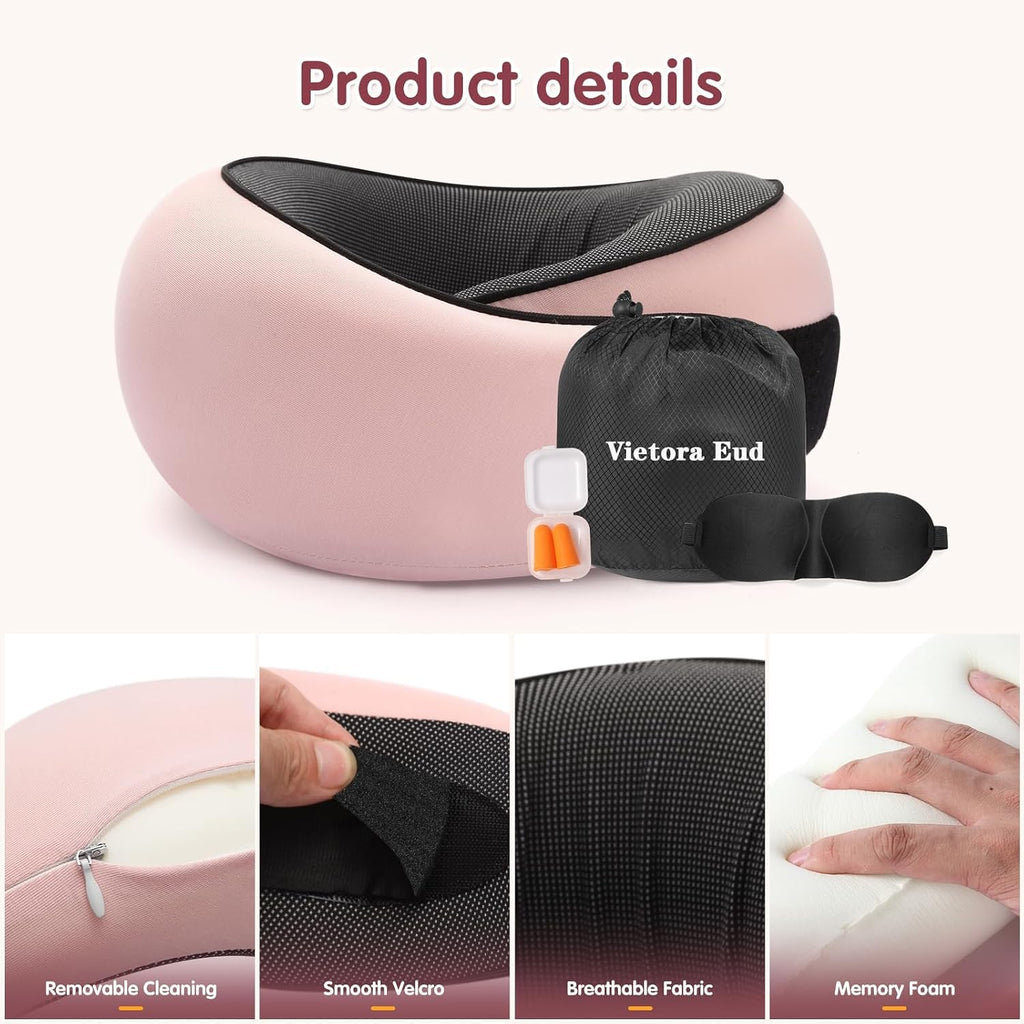 OrganizeItSimplifyYourSpac Travel Neck Pillow, Memory Foam Neck Support for Airplane, Car & Office, Breathable Portable Design with Eye Mas…