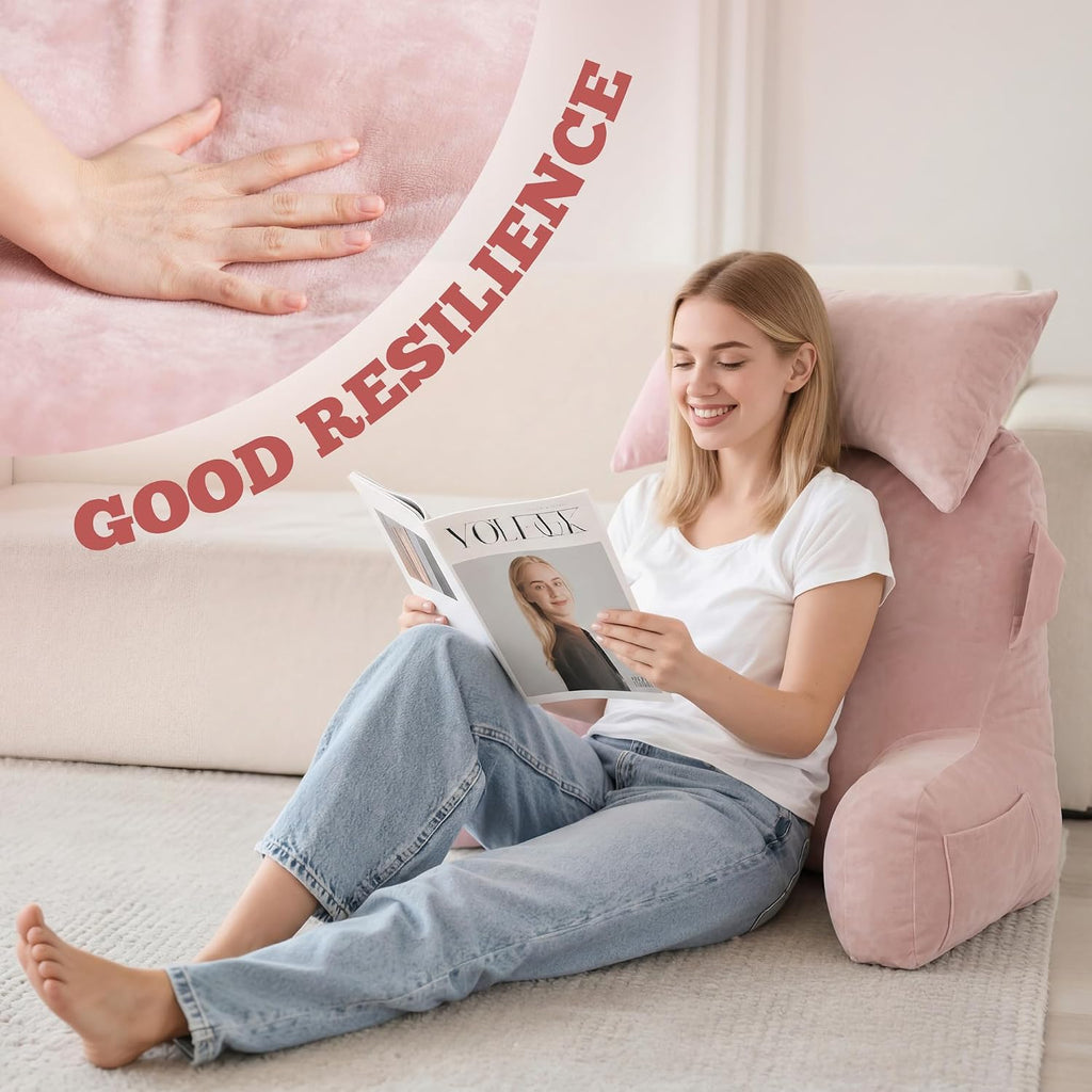 Unisakey Portable Reading Pillows with Headrest for Bed Sitting Up(Pink Oeko-Tex), Velvet Back Pillow with Arms & Pockets for Adults…