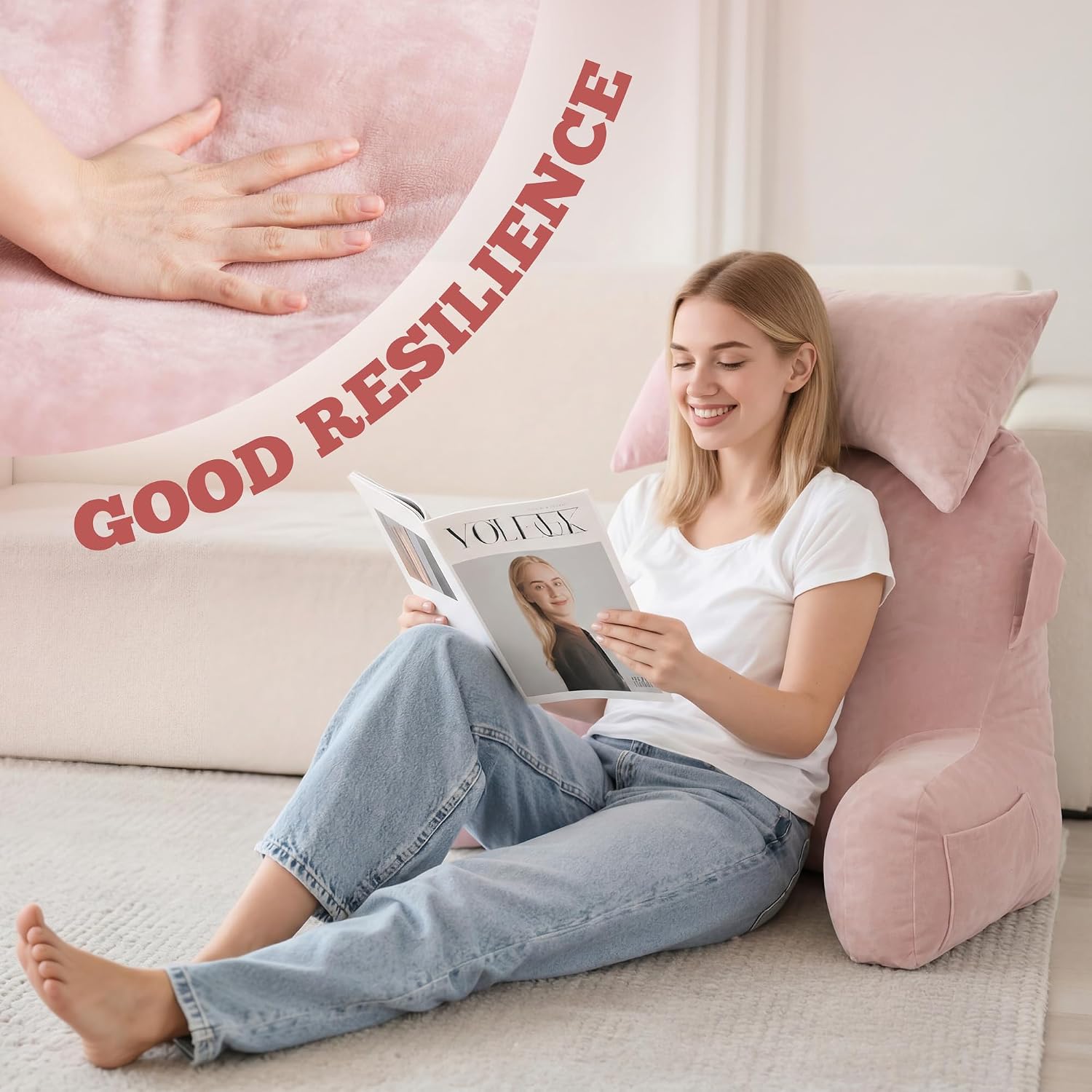 Unisakey Portable Reading Pillows with Headrest for Bed Sitting Up(Pink Oeko-Tex), Velvet Back Pillow with Arms & Pockets for Adults…