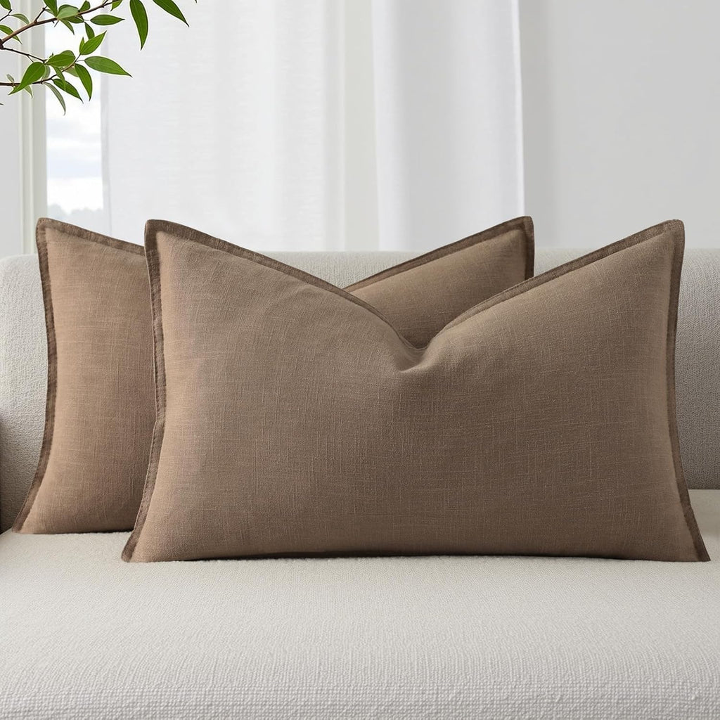 decorUhome Summer Decorative Linen Throw Pillow Covers 12x20 Inch Set of 2 Light Brown Lumbar Pillow Covers with Flange Edges Soft Farmhous…