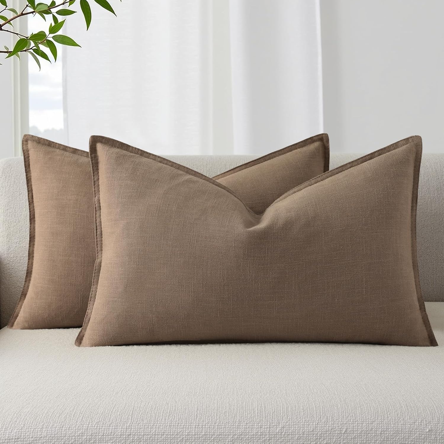 decorUhome Summer Decorative Linen Throw Pillow Covers 12x20 Inch Set of 2 Light Brown Lumbar Pillow Covers with Flange Edges Soft Farmhous…