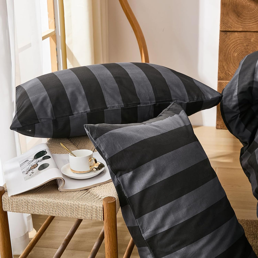 Merryword Queen Size Pillowcases, 100% Cotton Pillow Cases, Black and Gray Striped Pillowcases, Luxury Linen Like Pillowcase, Soft Breathab…