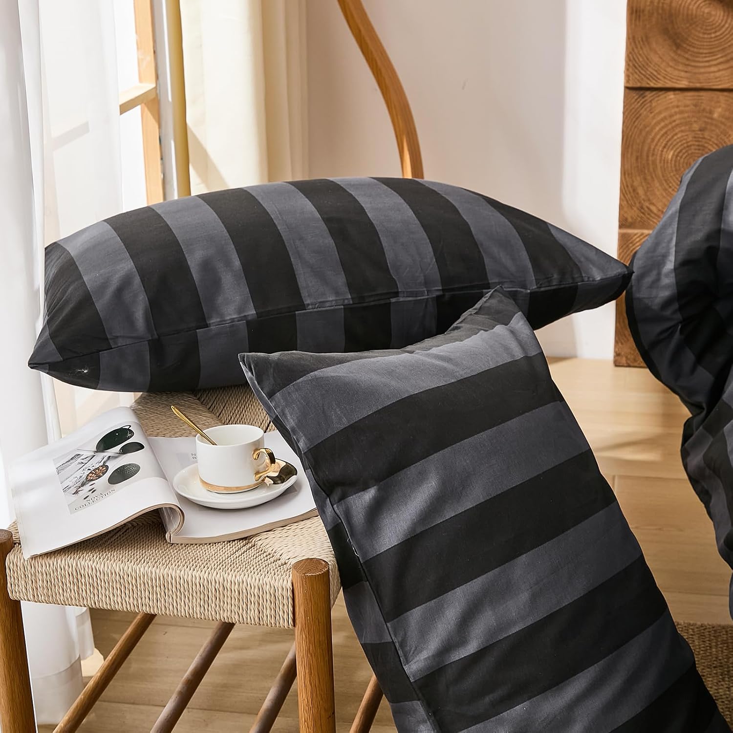 Merryword Standard Size Pillowcases, 100% Cotton Pillow Cases, Black and Gray Striped Pillowcases, Soft Breathable Wide Stripe Pillow Cover…