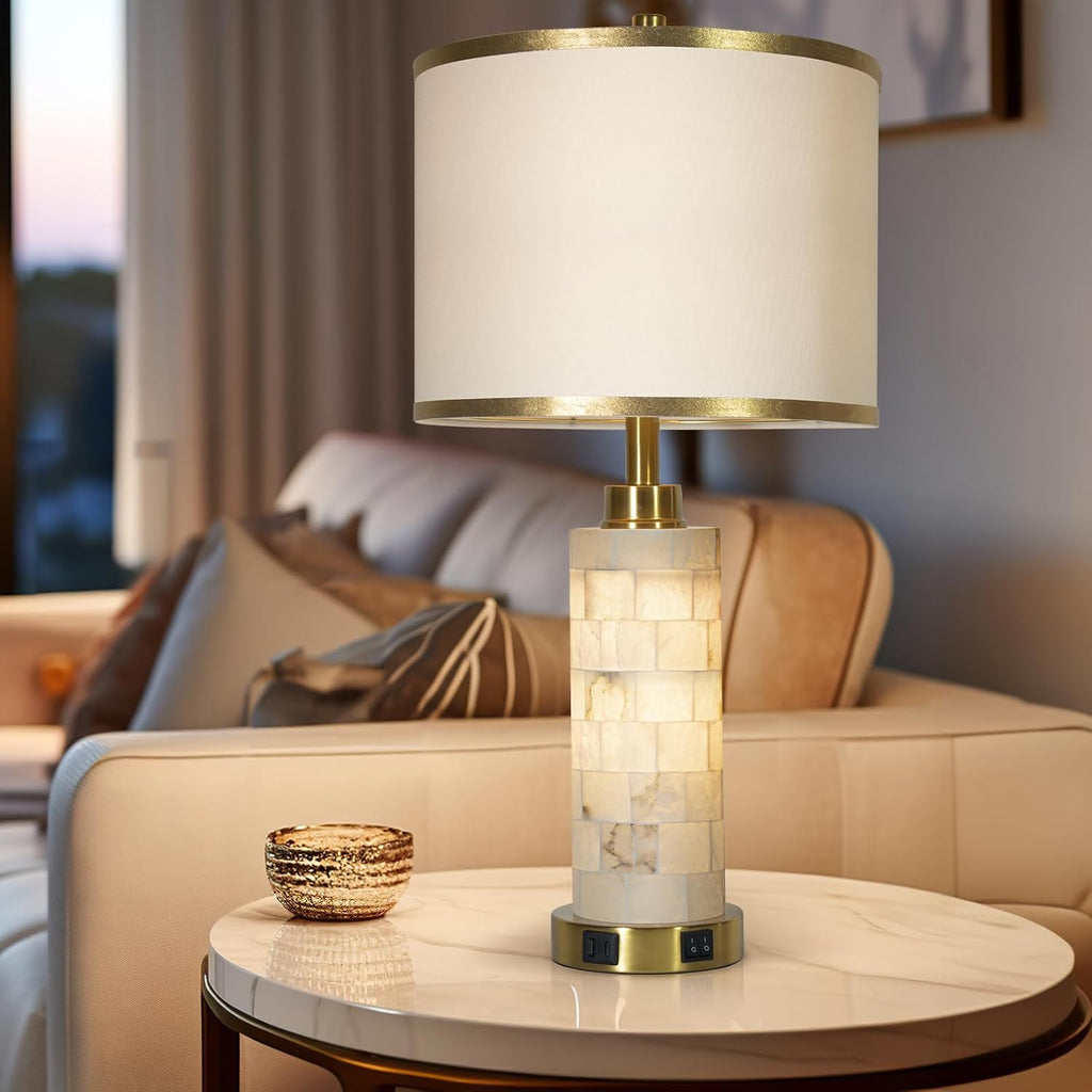 KIVDITZO 27" Alabaster Table Lamps Set of 2, Lamps for Living Room Bedroom, Bedside Lamps with Night Light, Nightstand Lamp with USB A+C…
