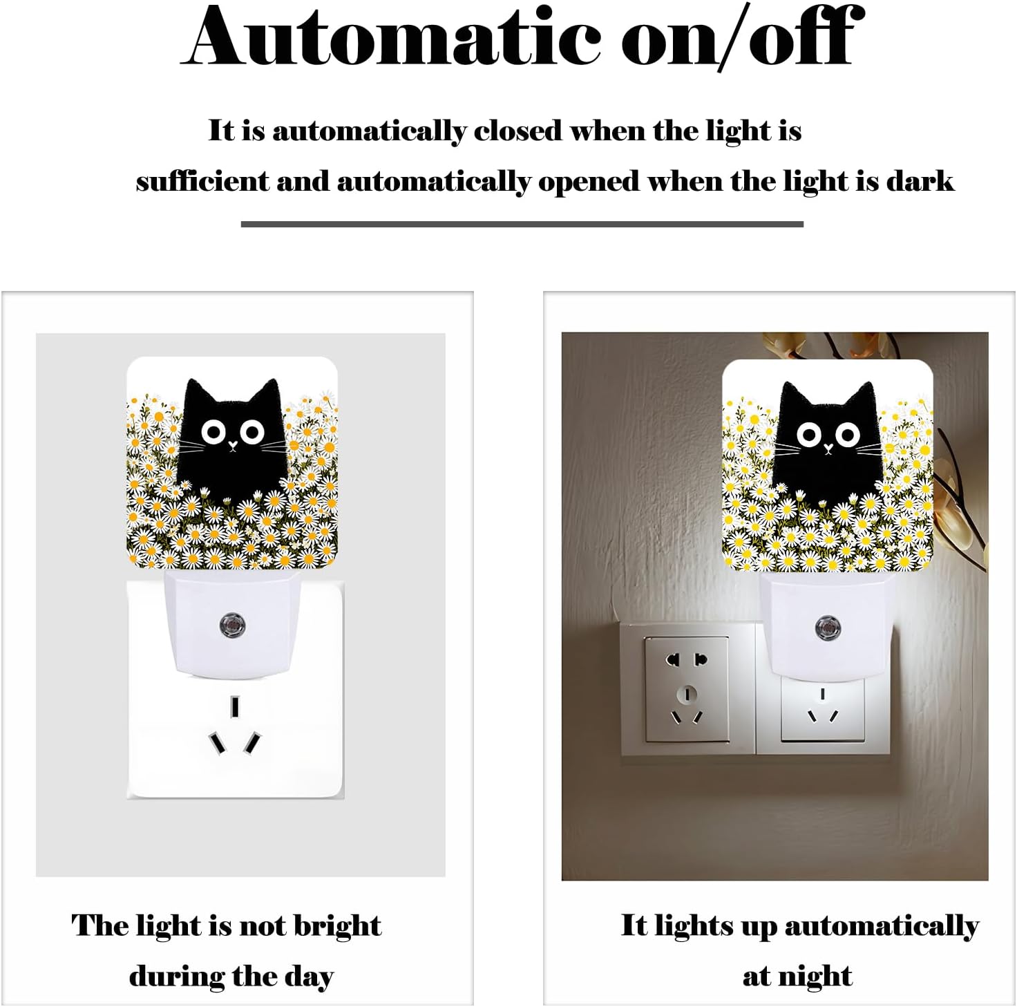 Cute Cat and Daisy Night Light, Plug Into Wall for Boys Girls Bedroom Decorative Square Night Light Lamp 0.5w Sleep Friendly
