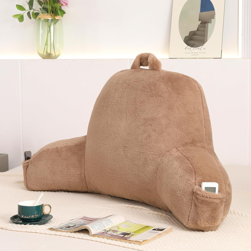 Pajeo Aesthetic Reading Pillow for Bed, Soft Faux Fur Sitting Pillow with Arms for Gaming & Lounging, Oeko-TEX Certified Plush Backrest Pillo…