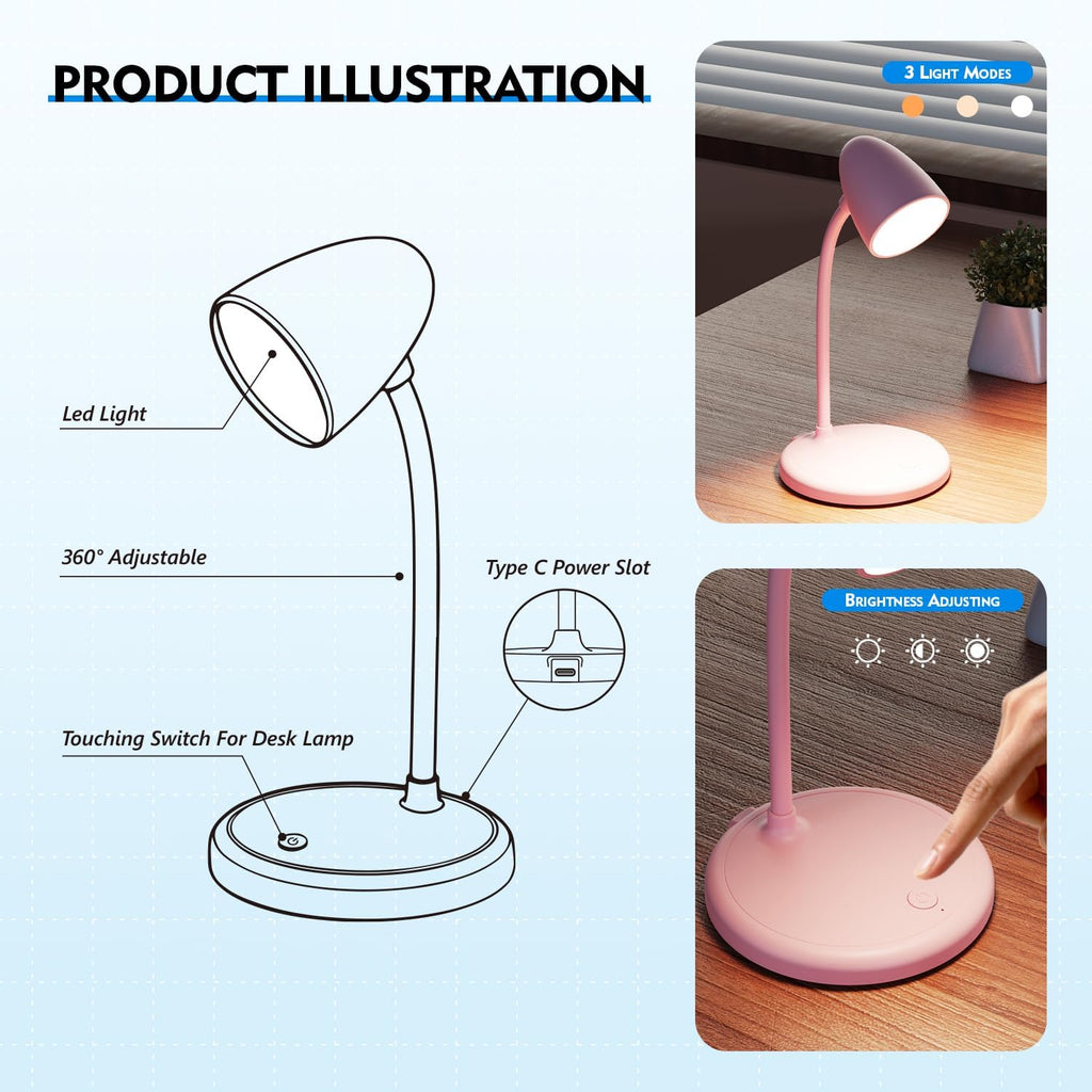 LED Desk Lamp for Home Office,3 Light Colors, Table Lamp, Dimmable Reading Light for Bedside Small Desk Lamp for College Dorm Room, Bedroom…