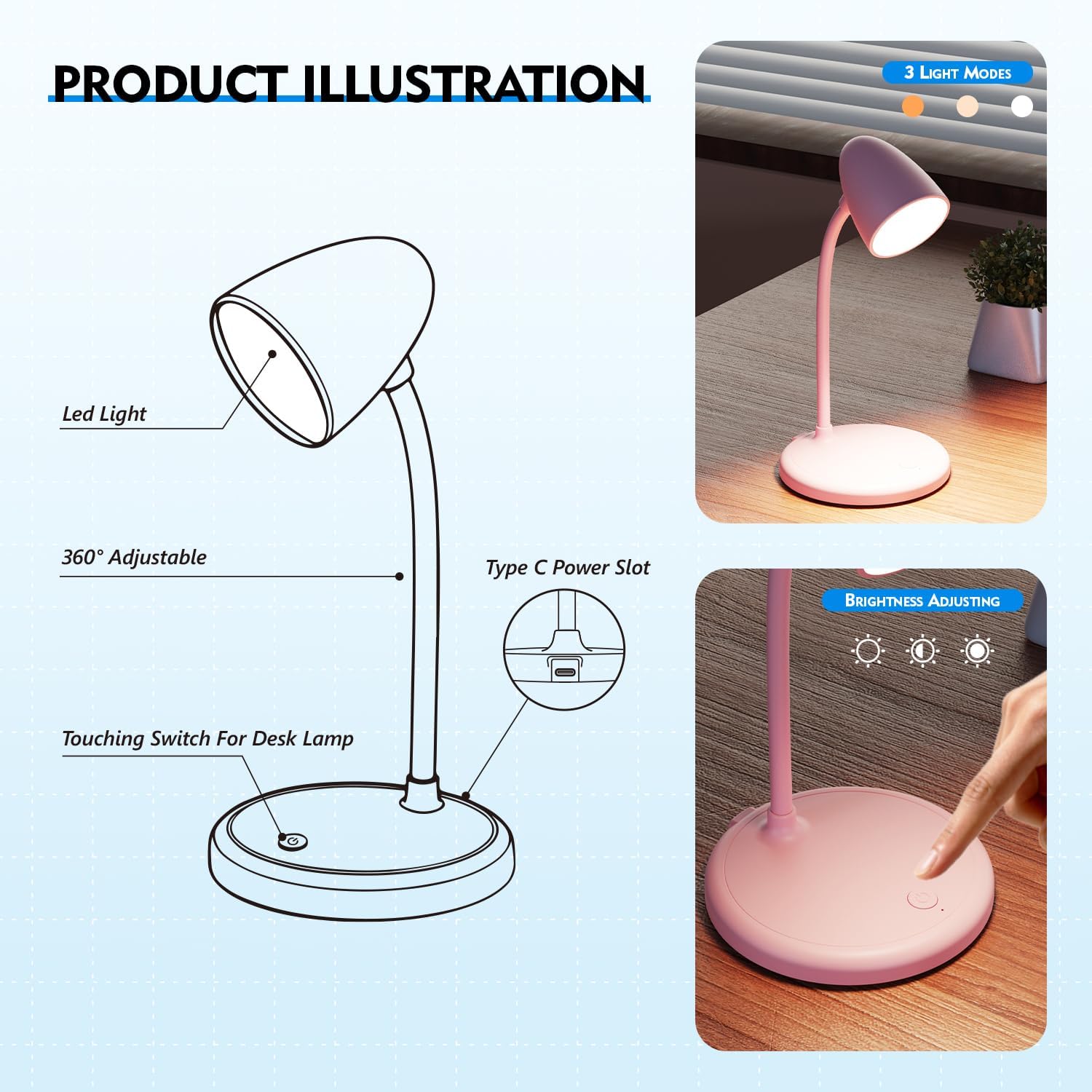 LED Desk Lamp for Home Office,3 Light Colors, Table Lamp, Dimmable Reading Light for Bedside Small Desk Lamp for College Dorm Room, Bedroom…