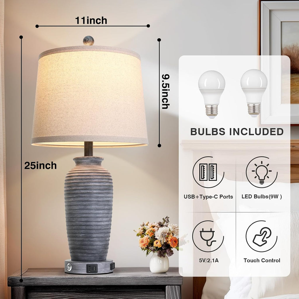 CINSARY 25" Retro Distressed Black Farmhouse Jar Table Lamps Set of 2, 3 Way Touch Control Rustic Bedside Lamps with USB A+C Ports & AC…