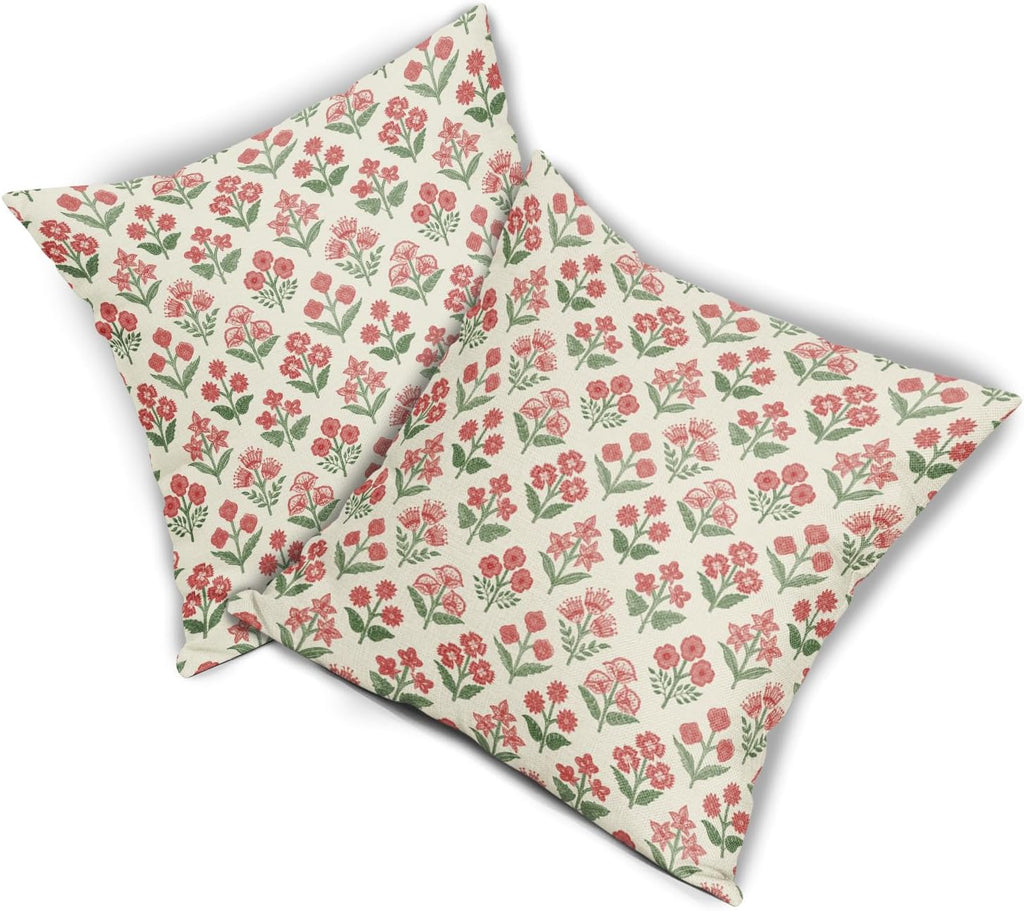 Red Green Christmas Floral Block Print Pillow Covers 20x20 Inch Set of 2, Vintage Flower Pattern Decorative Throw Pillowcases Outdoor…