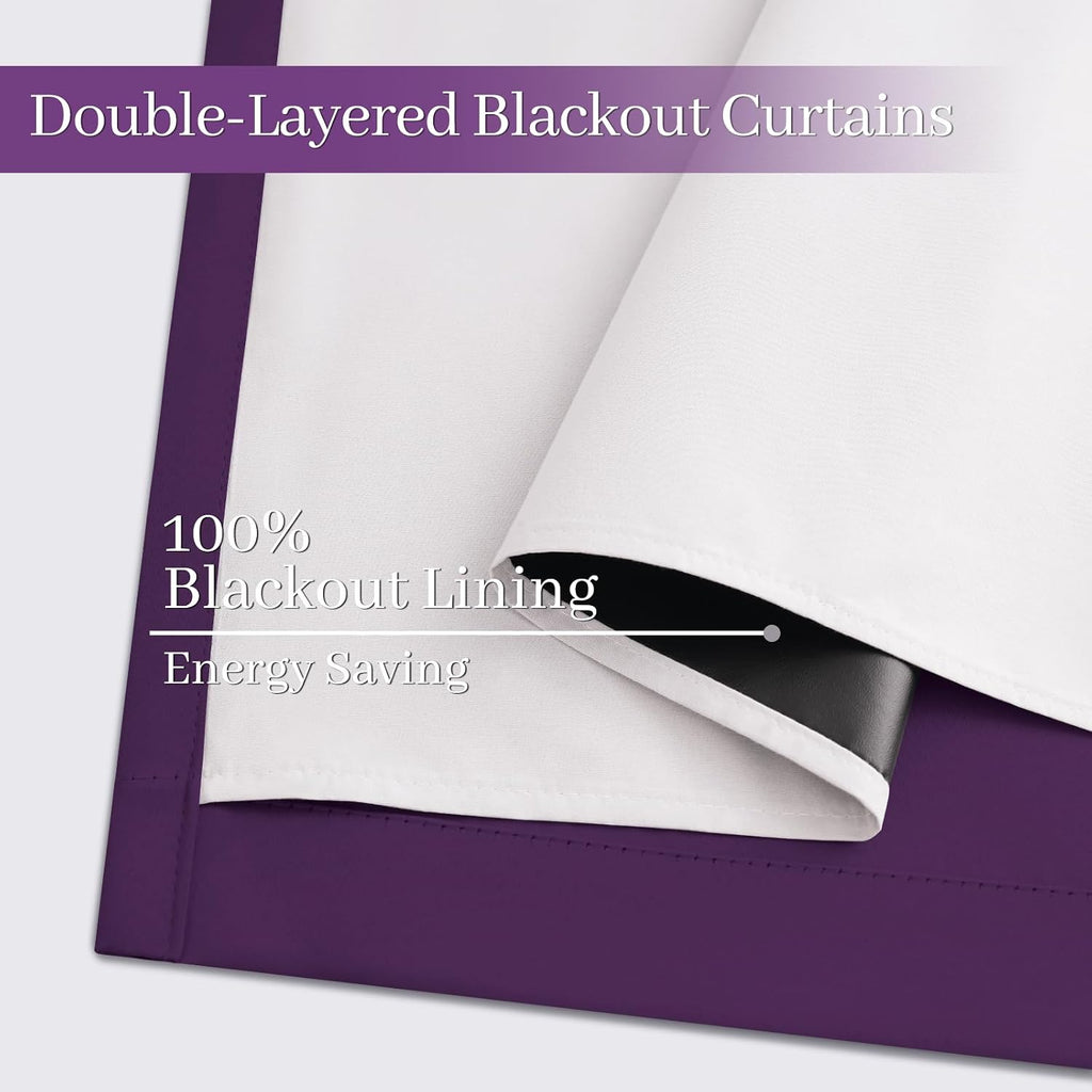 Yakamok Room Darkening 100% Blackout Curtains Grommet Window Treatments with 2 Thick Layers-Purple Thermal Insulated Drapes Set of 2 Panels…