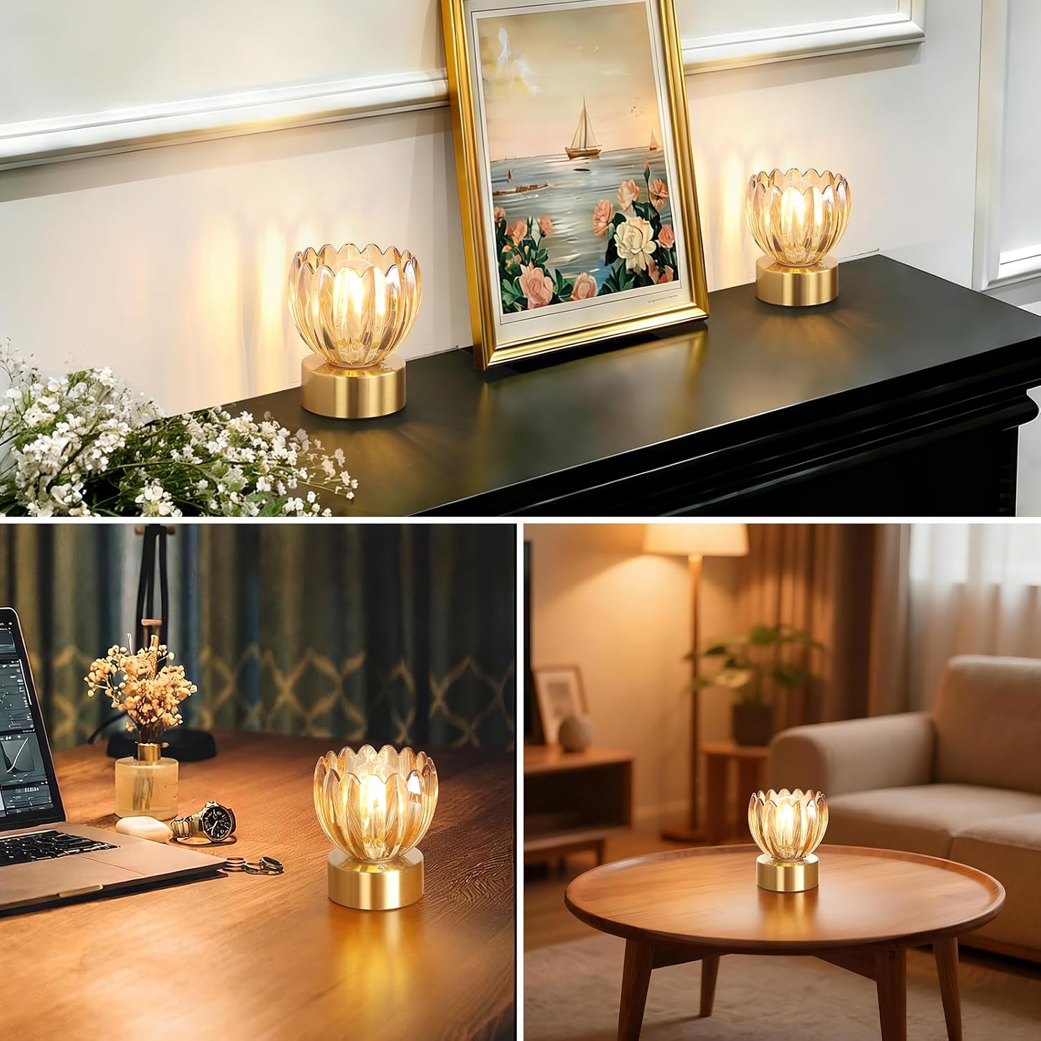 Shenmoyl Cordless Small Table Lamp with 5200mAh Battery & Touch Control, Battery Operated Tulip Table Lamp with 3 Colors, Rechargeable…