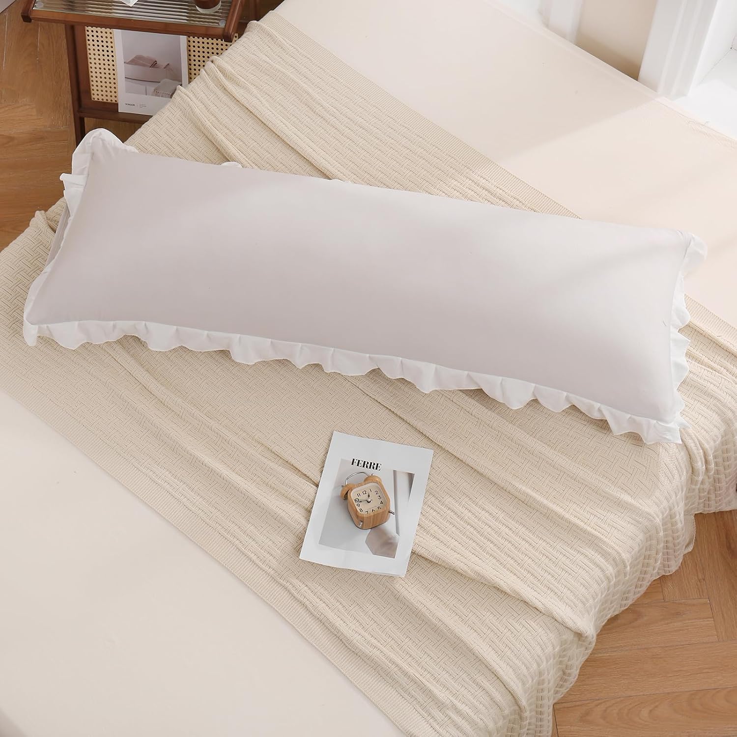 Merryword Beige Body Pillow Cover 20x54inches Beige and White Reversible Long Pillowcase Ruffled Body Pillowcases Cute Pillowcase Pillow Sh…