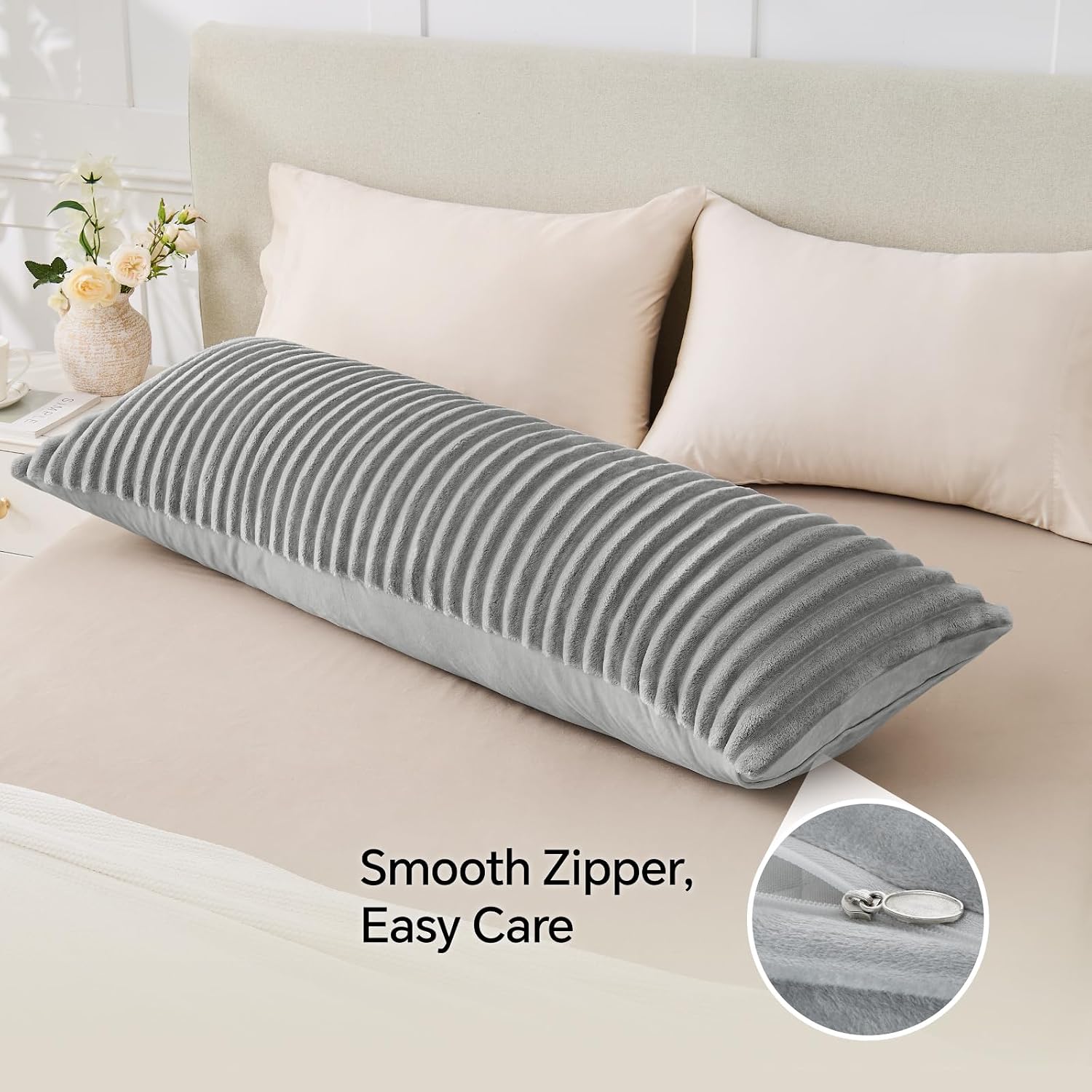 Bedelite Fluffy Faux Fur Body Pillow Cover with Zipper, Luxury Plush 3D Striped Pillow Cover 20x54 Inches, Super Soft and Cozy Long Body Pi…