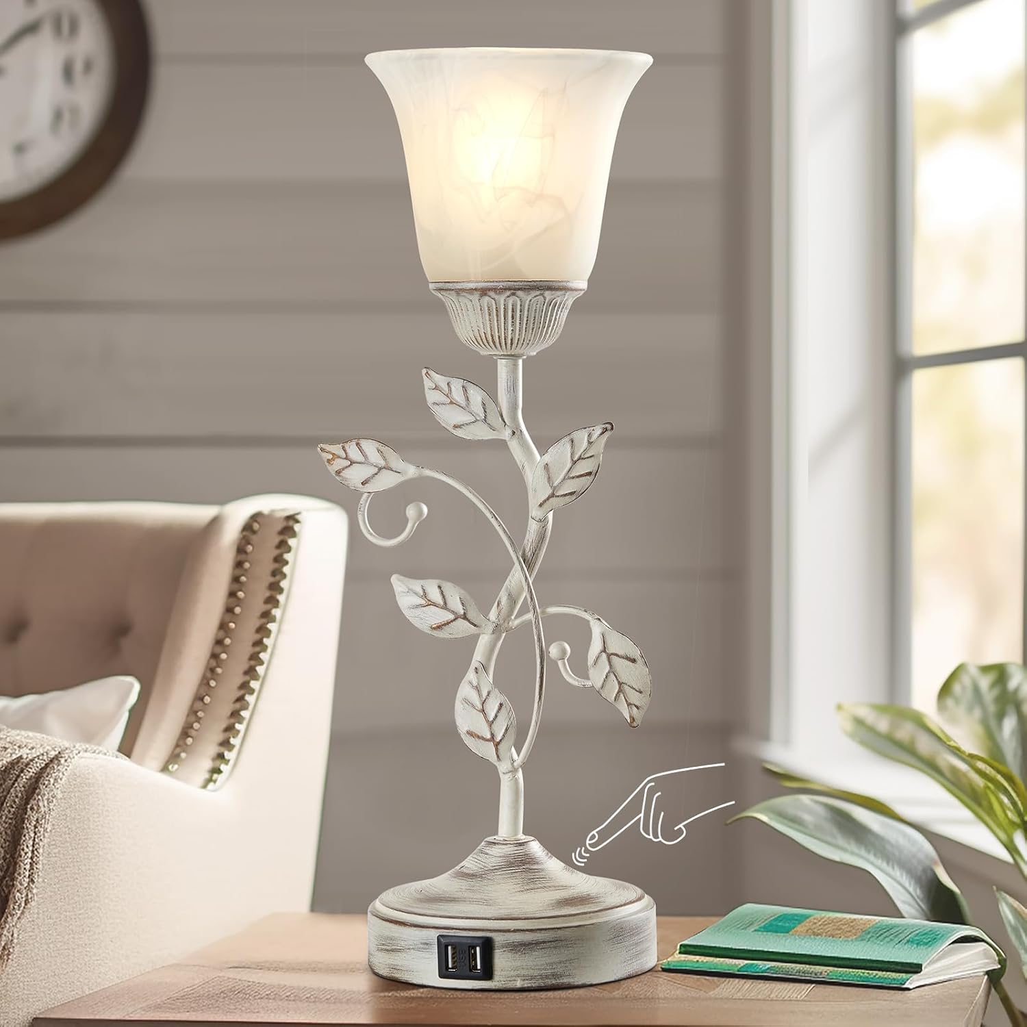 Rustic Touch Table Lamp for Bedroom, 3-Way Dimmable Nightstand Lamp with 2 USB Ports, Retro Vintage White Glass Shade Leaf Desk Lamp for…