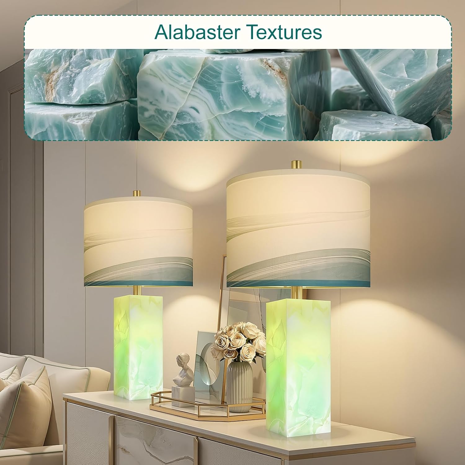 Scenekoy 23" Alabaster Table Lamp Set of 2 with Night Light for Bedroom Living Room, Rotary Switch, Blue Table Lamp with Linen Shade…