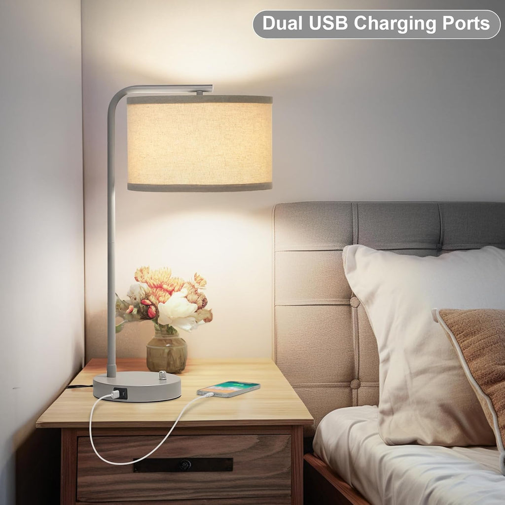 Table Lamp with USB C+A Ports, Fully Dimmable Nightstand Lamp for Living Room, Modern Grey Bedside Lamp, Tall Table Lamp with Beige Shade…