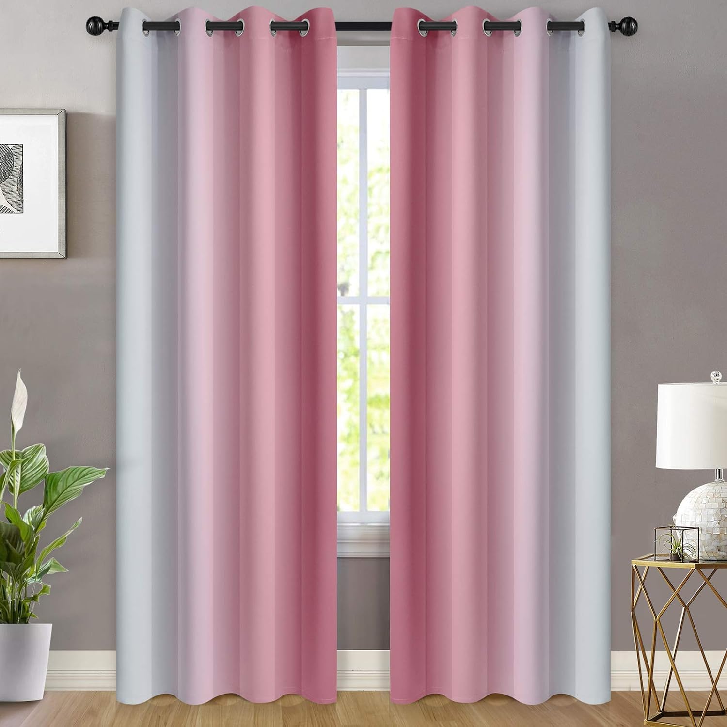 Yakamok Room Darkening Gradient Color Ombre Curtains 84 Inch Length, Thermal Insulated Grommet Window Drapes for Living Room/Bedroom (Pink…